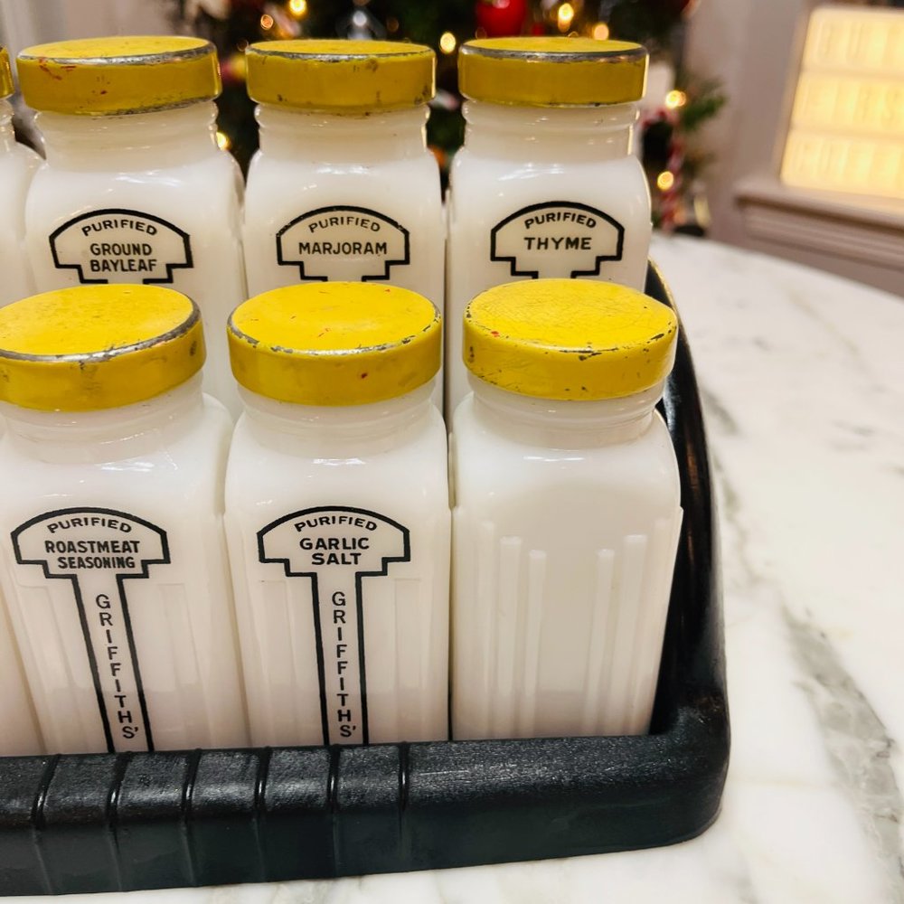 Retro milk glass Griffiths spice jar set of 12 - Picture 8 of 14